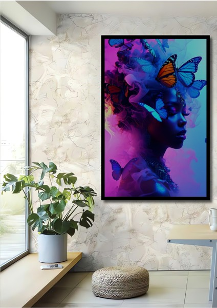 Çerçeve Görünümlü Neon Işıltılı Kelebek Dansı Yağlı Boya Görünümlü Dekoratif Ahşap Ofis Kare Tablo