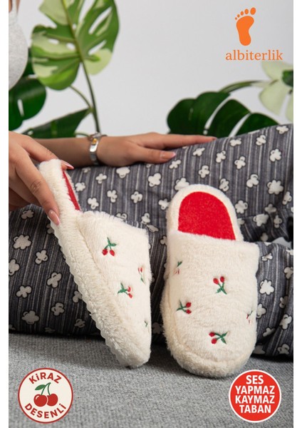 Unisex Kadın Kiraz Desen Pofuduk Çeyiz Bohça Ev Terliği Ses Yapmaz Kaymaz Taban Ev Terlik
