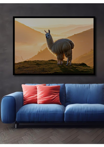 Çerçeve Görünümlü Gün Batımı Altın Llama Manzarası Yağlı Boya Görünümlü Ahşap Ofis Kare Tablo