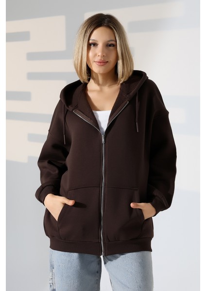 Şardonlu Fermuarlı Kapüşonlu Oversize Sweatshirt 21618 Kahve