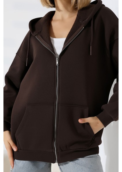 Şardonlu Fermuarlı Kapüşonlu Oversize Sweatshirt 21618 Kahve fiyatları