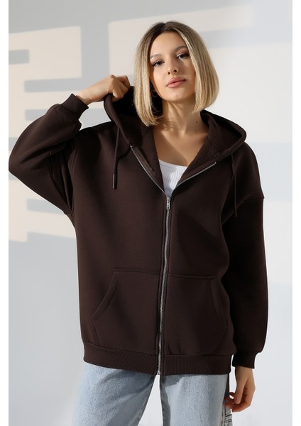 Şardonlu Fermuarlı Kapüşonlu Oversize Sweatshirt 21618 Kahve modelleri