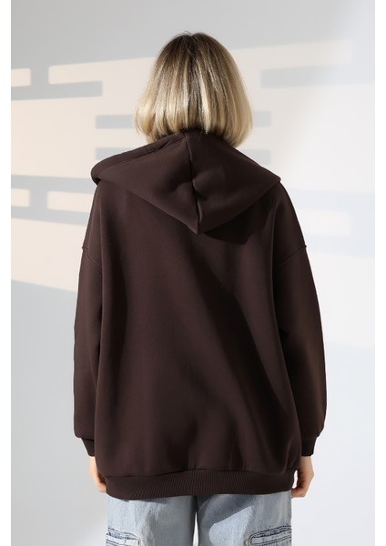 Şardonlu Fermuarlı Kapüşonlu Oversize Sweatshirt 21618 Kahve fırsatları
