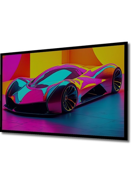 Çerçeve Görünümlü Fütüristik Neon Araba Modern Sanat Yağlı Boya Görünümlü Ahşap Ofis Kare Tablo fiyatları