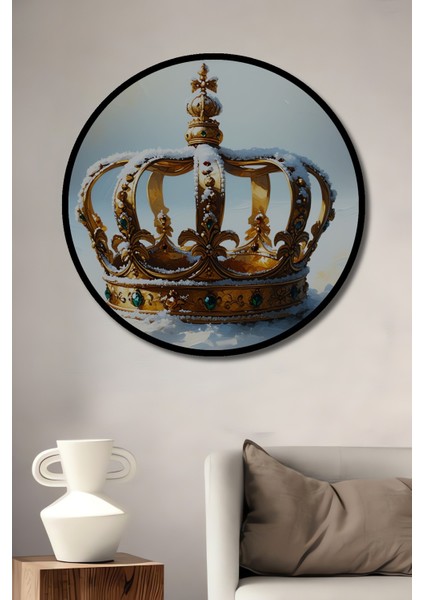 Çerçeve Görünümlü Karlar Altında Altın Taç Yağlı Boya Görünümlü Dekoratif Ahşap Ofis Yuvarlak Tablo