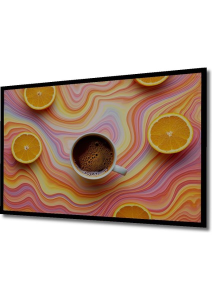 Çerçeve Görünümlü Turunçgiller ve Kahve Rüyası Yağlı Boya Görünümlü Dekoratif Ahşap Ofis Kare Tablo fiyatları