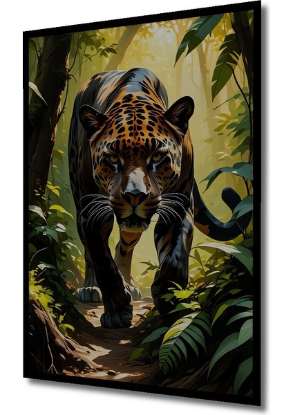 Çerçeve Görünümlü Tropikal Ormanda Jaguar Yağlı Boya Görünümlü Dekoratif Ahşap Ofis Kare Tablo fiyatları