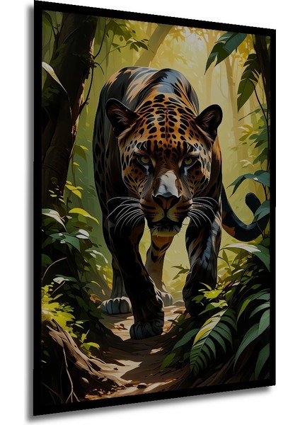 Çerçeve Görünümlü Tropikal Ormanda Jaguar Yağlı Boya Görünümlü Dekoratif Ahşap Ofis Kare Tablo modelleri