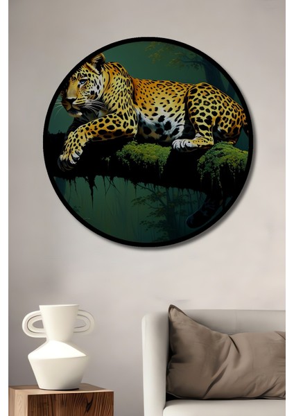 Çerçeve Görünümlü Ormanda Yağlı Boya Görünümlü Leopar Işyeri/ofis Dekoratif Ahşap Yuvarlak Tablosu