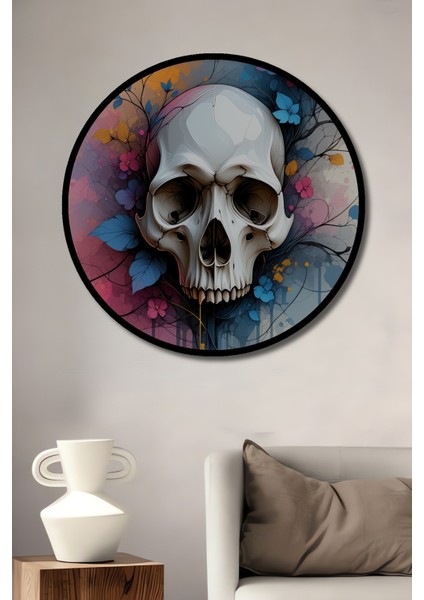 Çerçeve Görünümlü Çiçekli Kafatası Sulu Boya Görünümlü Dekoratif Ahşap Işyeri/ofis Yuvarlak Tablo