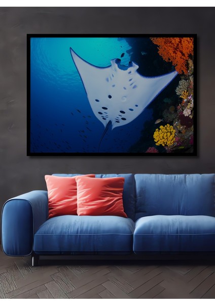 Çerçeve Görünümlü Manta Vatozu Mercan Resifi Sulu Boya Görünümlü Dekoratif Ahşap Ofis Kare Tablo