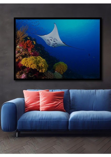Çerçeve Görünümlü Deniz Dünyası Manta Vatozu Yağlı Boya Görünümlü Dekoratif Ahşap Ofis Kare Tablo