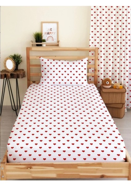 beyaz Kırmızı Kalp Lastikli Çarşaf Takımı Çift Kişilik