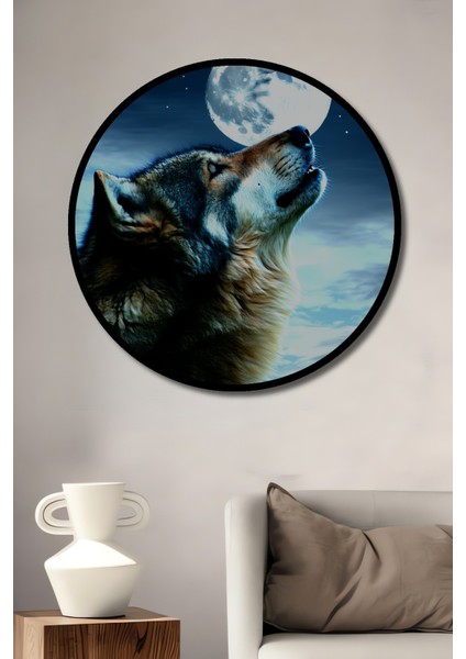 Çerçeve Görünümlü Dolunayda Uluyan Kurt Yağlı Boya Görünümlü Dekoratif Ahşap Ofis Yuvarlak Tablo