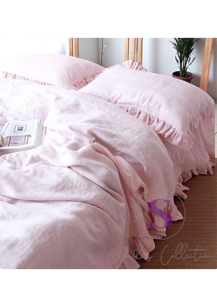 % 100 Pamuk Pembe Fırfırlı Keten Çift Kişilik Nevresim Takımı (200 X220)