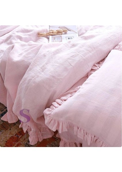 % 100 Pamuk Pembe Fırfırlı Keten Çift Kişilik Nevresim Takımı (200 X220) fiyatları