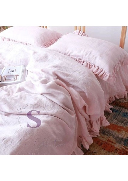 % 100 Pamuk Pembe Fırfırlı Keten Çift Kişilik Nevresim Takımı (200 X220) modelleri