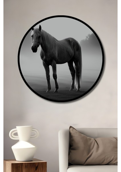 Çerçeve Görünümlü Asil Beyaz At Kara Kalem Görünümlü Dekoratif Ahşap Ev/işyeri/ofis Yuvarlak Tablo