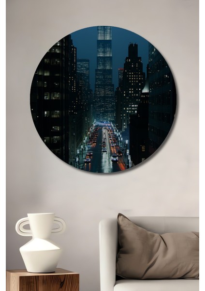 Gökyüzü Delen Gökdelenler Yağlı Boya Görünümlü Dekoratif Ahşap Ev/işyeri/ofis Yuvarlak Tablo