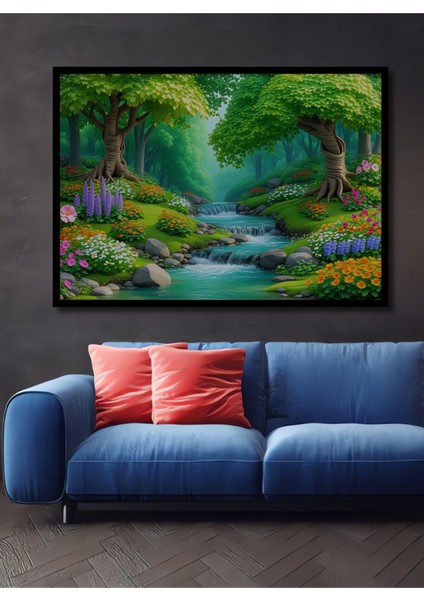 Çerçeve Görünümlü Sulu Boya Görünümlü Şelale Orman Ev/işyeri/ofis Dekoratif Ahşap Kare Tablosu