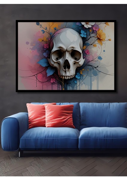 Çerçeve Görünümlü Çiçekli Kafatası Sulu Boya Görünümlü Dekoratif Ahşap Ev/işyeri/ofis Kare Tablo