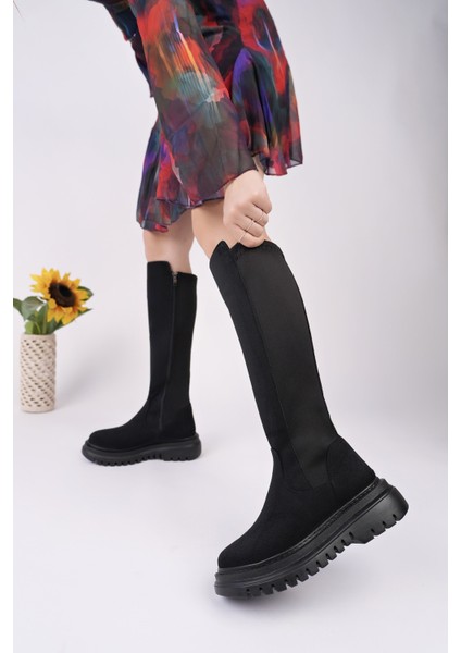 Diasa Süet Kalın Taban Streç Detaylı Fermuarlı Kadın Çizme modelleri