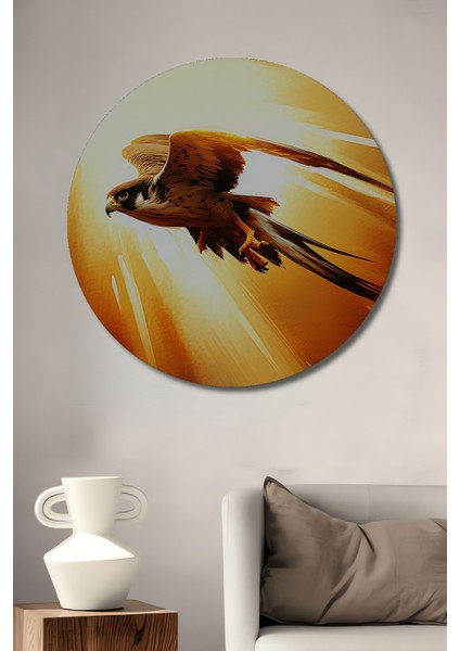 Altın Şahin Yağlı Boya Görünümlü Dekoratif Ahşap Ev/işyeri/ofis Yuvarlak Tablo