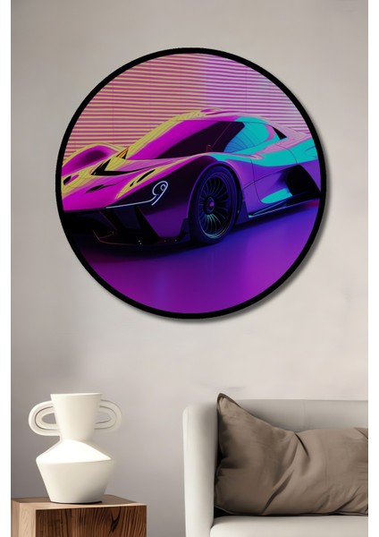 Çerçeve Görünümlü Neon Işıltılı Süper Araba Dijital Sanat Ofis/salon Ahşap Dekoratif Yuvarlak Tablo
