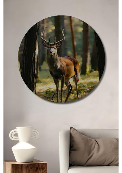 Ormanda Yağlı Boya Görünümlü Geyik Ev/işyeri/ofis Dekoratif Ahşap Yuvarlak Tablosu
