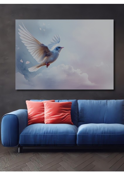 Beyaz Güvercin Bulutların Dansı Yağlı Boya Görünümlü Dekoratif Ahşap Ev/işyeri/ofis Kare Tablo