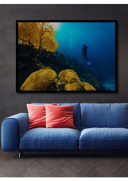 Çerçeve Görünümlü Deniz Dibi Mercanları ve Dalış Yağlı Boya Görünümlü Ahşap Ofis Kare Tablo