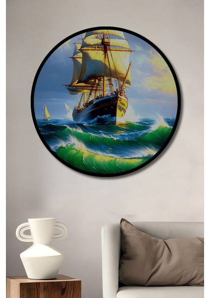 Çerçeve Görünümlü Yağlı Boya Görünümlü Yelkenli Deniz Manzarası Dekoratif Ahşap Ofis Yuvarlak Tablo