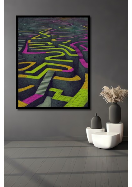 Çerçeve Görünümlü Neon Labirent Kara Kalem Görünümlü Dekoratif Ahşap Ev/işyeri/ofis Kare Tablo
