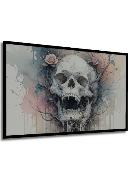 Çerçeve Görünümlü Sulu Boya Görünümlü Çiçekli Kafatası Dekoratif Ahşap Ev/işyeri/ofis Kare Tablo modelleri