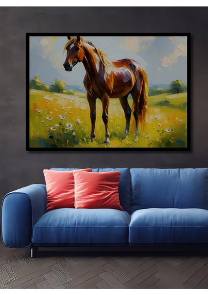 Çerçeve Görünümlü Yağlı Boya Görünümlü Muhteşem At ve Çiçekler Ofis Dekoratif Ahşap Kare Tablosu