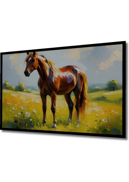 Çerçeve Görünümlü Yağlı Boya Görünümlü Muhteşem At ve Çiçekler Ofis Dekoratif Ahşap Kare Tablosu fiyatları