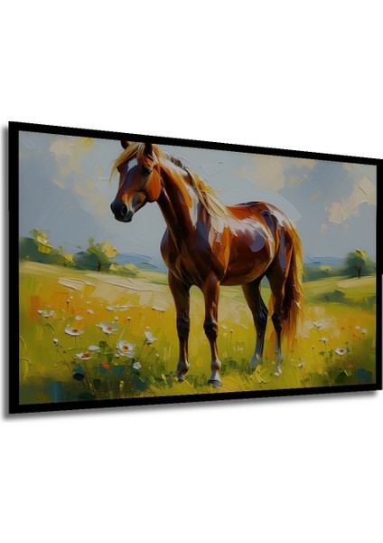 Çerçeve Görünümlü Yağlı Boya Görünümlü Muhteşem At ve Çiçekler Ofis Dekoratif Ahşap Kare Tablosu modelleri