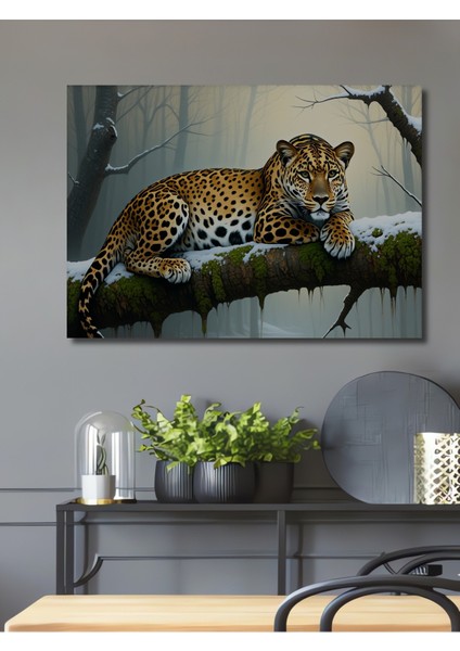 Ormanda Yatan Jaguar Yağlı Boya Görünümlü Dekoratif Ahşap Ev/işyeri/ofis Kare Tablo