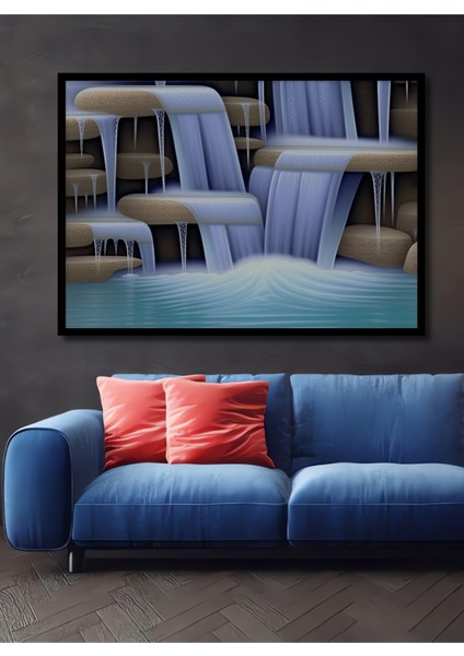 Çerçeve Görünümlü Cennetten Akan Şelale Yağlı Boya Görünümlü Dekoratif Ahşap Işyeri/ofis Kare Tablo