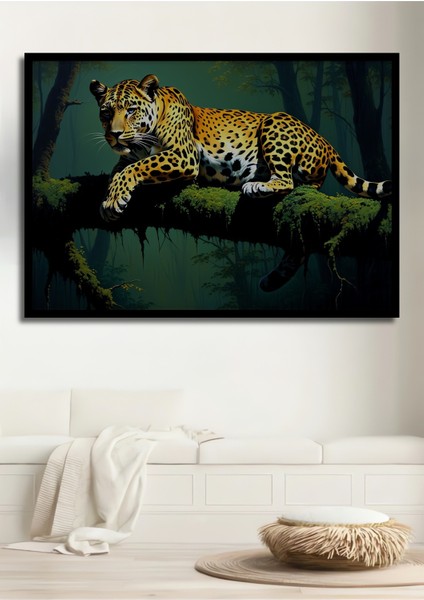 Çerçeve Görünümlü Ormanda Yağlı Boya Görünümlü Leopar Ev/işyeri/ofis Dekoratif Ahşap Kare Tablosu