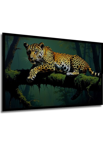 Çerçeve Görünümlü Ormanda Yağlı Boya Görünümlü Leopar Ev/işyeri/ofis Dekoratif Ahşap Kare Tablosu modelleri