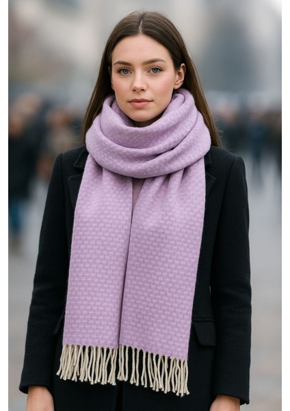 Desenli Lila Akrilik Kadın Kışlık Atkı Püsküllü Şal