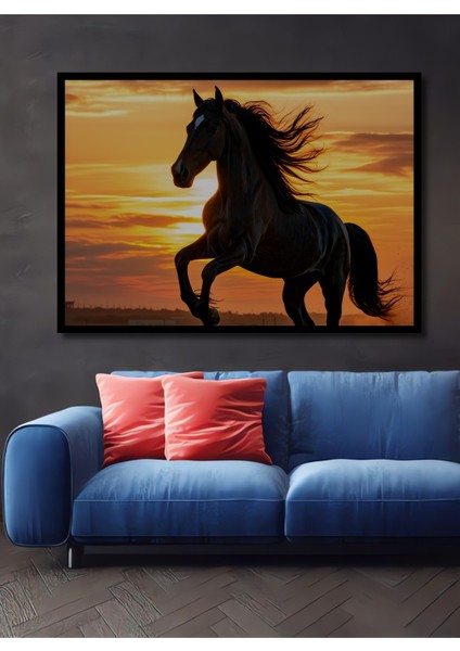 Çerçeve Görünümlü Gün Batımı Asaleti Yağlı Boya Görünümlü At Işyeri/ofis Dekoratif Ahşap Kare Tablo