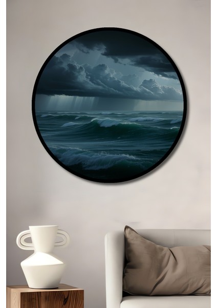 Çerçeve Görünümlü Fırtınalı Denizde Yağlı Boya Görünümlü Dalgalar Ofis Ahşap Yuvarlak Tablosu