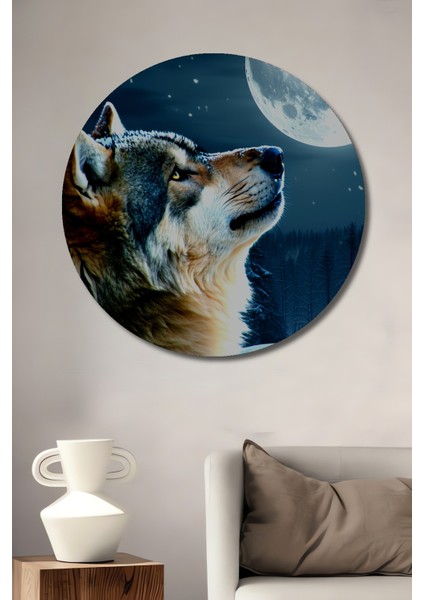Dolunayda Uluyan Kurt Yağlı Boya Görünümlü Dekoratif Ahşap Ev/işyeri/ofis Yuvarlak Tablo