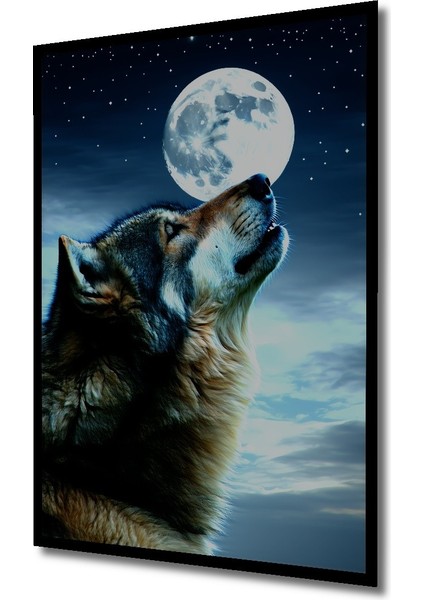 Çerçeve Görünümlü Dolunayda Uluyan Kurt Yağlı Boya Görünümlü Dekoratif Ahşap Işyeri/ofis Kare Tablo fiyatları