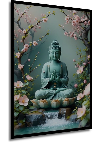 Çerçeve Görünümlü Sakura Çiçekleri Arasında Buda Huzuru Yağlı Boya Görünümlü Ahşap Ofis Tablo modelleri