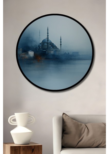 Çerçeve Görünümlü Istanbul Silüeti Sulu Boya Görünümlü Dekoratif Ahşap Işyeri/ofis Yuvarlak Tablo