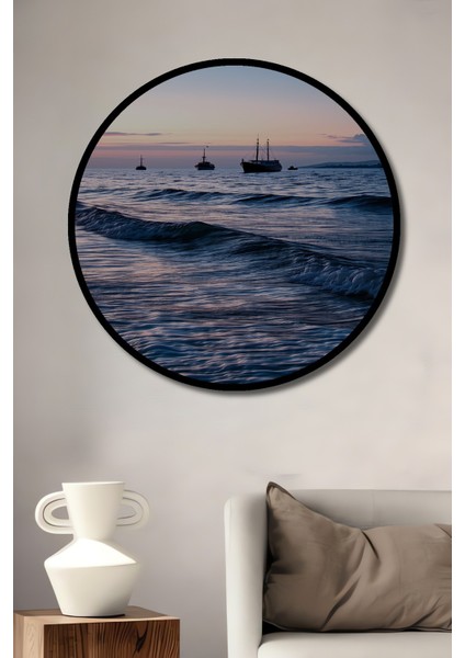Çerçeve Görünümlü Gün Batımında Denizci Gemiler Yağlı Boya Görünümlü Ahşap Ofis Yuvarlak Tablo