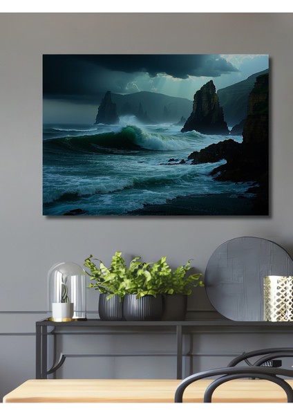 Fırtınalı Denizde Yükselen Kayalıklar Yağlı Boya Görünümlü Dekoratif Ahşap Ev/işyeri/ofis Tablo